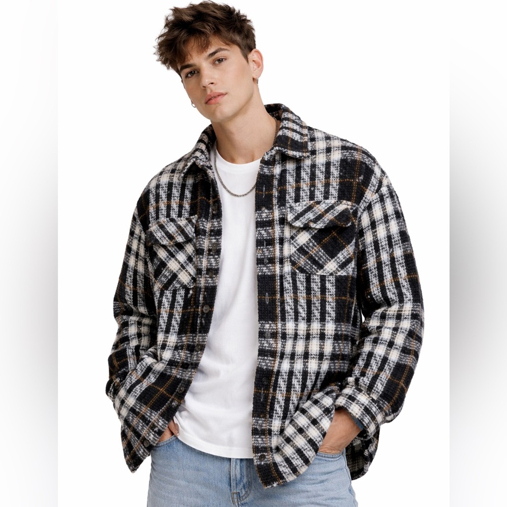 Charlie Luciano Black White Tweed Plaid Oversized Overshirt Button-Up M-L Unisex - Picture 2 of 9